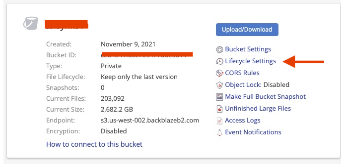 Backblaze bucket settings screenshot