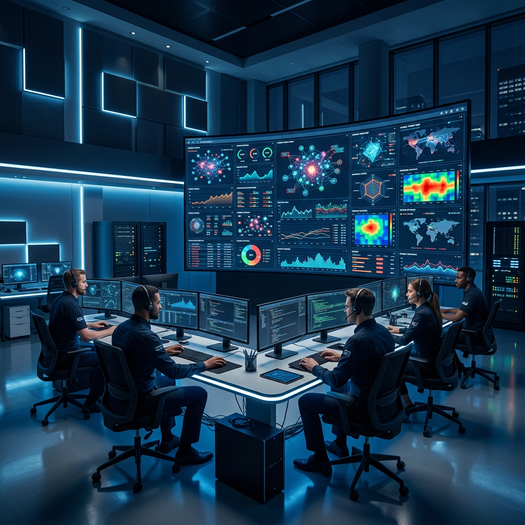 Five cybersecurity analysts working at multiple computer monitors in a control room with large data visualization screens